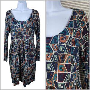 Peruvian Connection Blockprint Dress Long Sleeve Pima Cotton Medium Blue Purple